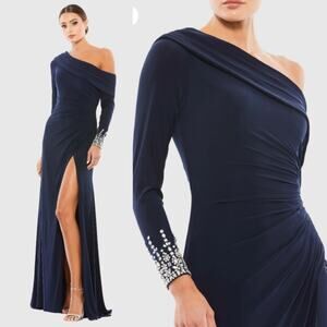 Mac Duggal 12231 Midnight Navy Off Shoulder Embellished Cuff Formal Gown Dress 6